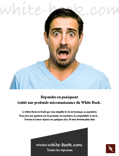 affiche fond blanc présentant le portrait d'un homme en panique bouche ouverte