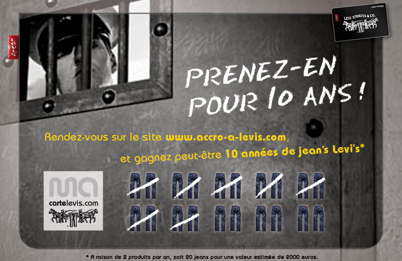 concept-board d'un visuel de porte de prison avec la tête d'un surveillant dans la lucarne et des jean's gravés sur la porte barrés à la craie